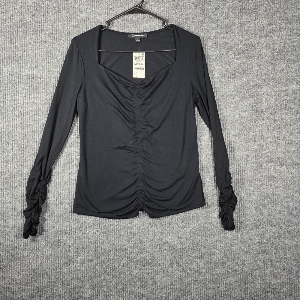 INC International Concepts Ruched Top Black Long Sleeve Size M NWT